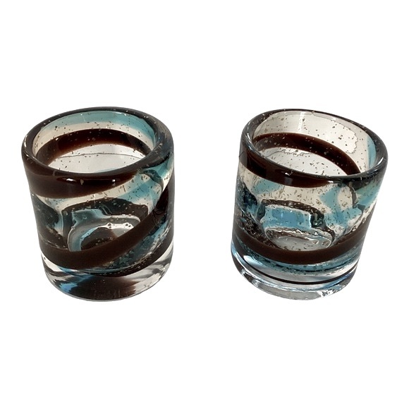Hand Blown Glass Candle Holders Turquoise And Brown Glass Swirl Pattern Mexico - Picture 9 of 16